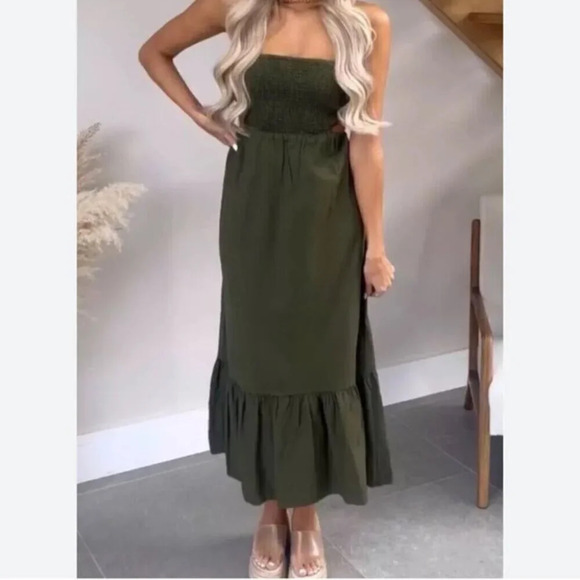 Zara Linen Blend Strapless Smocked Tiered Maxi Dress NWT Olive Green Size M - Picture 9 of 9